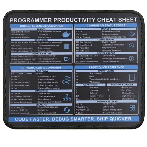 Programmer Cheat Sheet Mouse Pad, Git Docker Regex API Status Code Guide Desk Mat, Non-Slip Smooth Mousepad for Software Engineers Coders - color: Programmer & Coding