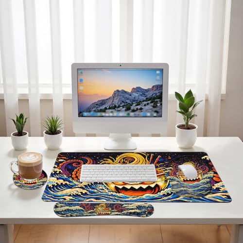 Ramen Desk Mat Set Funny Octopus Japanese Cartoon Large Mouse Pad with Wrist Rest 4in1 Desk Mat for Desktop Ergonomic Keyboard Wrist Support Anti-Slip Computer Ergonomic Mouse Pad Home Office Gaming - color: Ramen