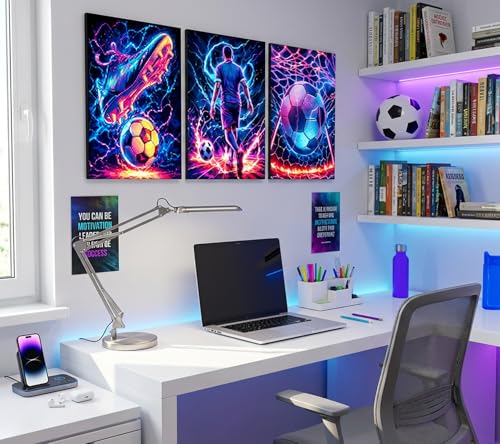 3Pcs Cool Soccer Canvas Wall Art Abstract Soccer Sneakers Posters Prints Paintings Neon Boys Football Themed Bedroom Wall Decor Artwork for Boys Room Teen Kids Playroom Decoration 12x16in - color: Canvas, size: 16L"x12W"