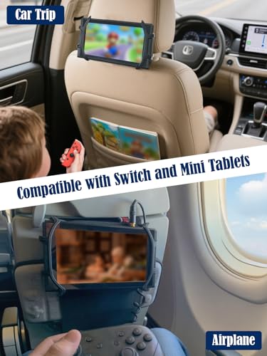 Car Headrest Mount Holder for Nintendo Switch 2& 1, Rotatable Silicone Net Holder Compatible with Mini Tablets(7''–10.5''), Secure Travel Gaming Stand for Car or Airplane Use