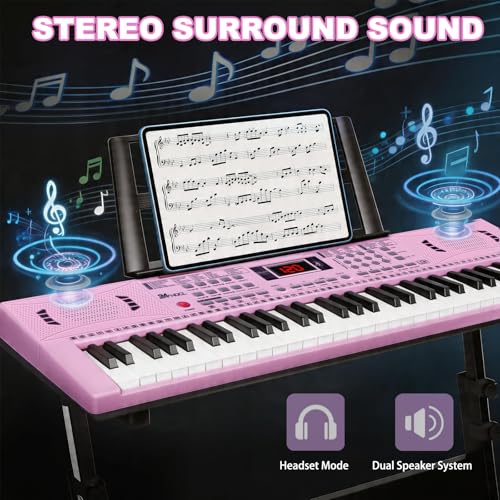 Keyboard Piano 61 Lighted Keys, Electric Keyboard Kit with 100 Voices, 100 Rhythms - Built-In Speaker, Microphone, Sheet Stand and Power Supply, Gift for Children Beginners [Pink, Piano with Stand] - color: Pink