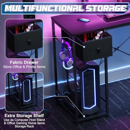X-cosrack 33.5" Small Gaming Desk with LED Lights & Power Outlets, Compact Computer Desk with Monitor Stand & CPU Stand, Gamer Table with Storage Drawer, Side Hooks for Home Office, Bedroom, Black - size: 33.5" Black