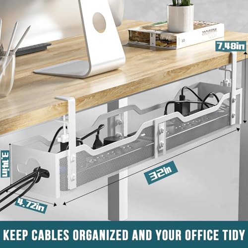 Under Desk Cable Management Tray 32'', Cable Management Under Desk No Drill, Cable Organizer with Clamp for Wire Management, Cord Organizer for Office, Home - No Damage to Table (White) - color: White, size: 32"
