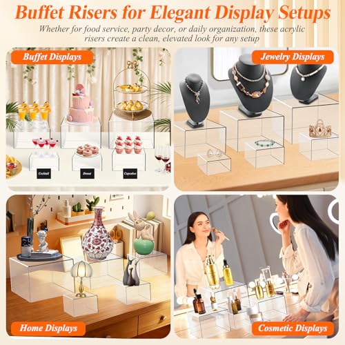 8 Pcs Clear Acrylic Buffet Risers with LED Fairy Lights, Acrylic Food Risers with Mini Sign and Maker, Clear Buffet Risers and Stands for Party Catering Dessert Collectibles(9" 8" 7" 6" 5" 5" 4" 4" ) - color: Clear 9" 8" 7" 6" 5" 5" 4" 4"