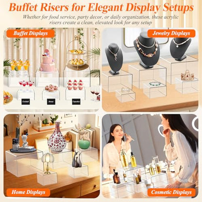 8 Pcs Clear Acrylic Buffet Risers with LED Fairy Lights, Acrylic Food Risers with Mini Sign and Maker, Clear Buffet Risers and Stands for Party Catering Dessert Collectibles(9" 8" 7" 6" 5" 5" 4" 4" ) - color: Clear 9" 8" 7" 6" 5" 5" 4" 4"