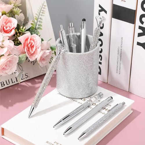 Sabary 8 Pcs Silver Pens with Pen Holder for Desk Glitter Crystal Diamond Cute Ballpoint Fancy Pencil Holder Bling Desk Organizer for Women Girls School Office Supplies Wedding Graduation Gifts - color: Silver