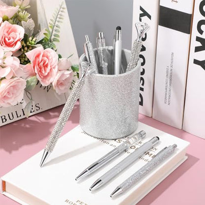 Sabary 8 Pcs Silver Pens with Pen Holder for Desk Glitter Crystal Diamond Cute Ballpoint Fancy Pencil Holder Bling Desk Organizer for Women Girls School Office Supplies Wedding Graduation Gifts - color: Silver