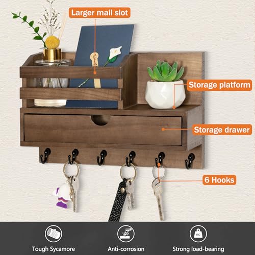 dreampossible Key and Mail Holder for Wall, Mail Organizer Wall Mount with 6 Hooks and Storage Drawer, Wooden Key Rack Hanger with Shelf for Entryway and Home Decor - color: Brown, size: Standard(11.6''x7.9'')