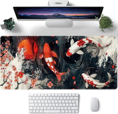 Koi Fish Large Mouse Pad,Gaming Keyboard Desk Pad,Extended Mouse Mat Non-Slip Rubber Base with Stitched Edges for Office Game Home XXL 35.4"x15.7" - color: Koi Fish, size: 35.4L x 15.7W inches