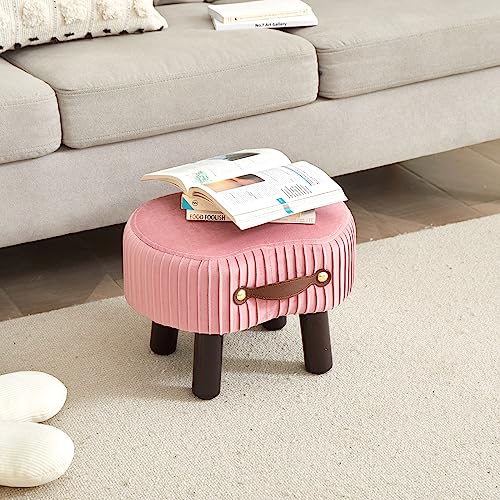 Foot Stools Small, Ottomon with Handle, Velvet Footrest Ottoman | Curved Foot Stool with Padded Seat Wooden Legs, Portable Foot Rest for Living Room, Bedroom, Entryway (Pink) - color: Pink