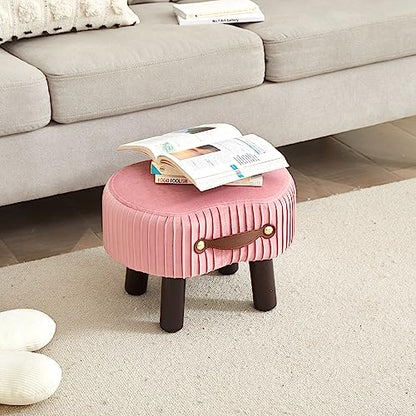 Foot Stools Small, Ottomon with Handle, Velvet Footrest Ottoman | Curved Foot Stool with Padded Seat Wooden Legs, Portable Foot Rest for Living Room, Bedroom, Entryway (Pink) - color: Pink