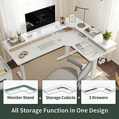 FEZIBO Triple Motor 63" L Shaped Standing Desk with 3 Drawers, Electric Standing Gaming Desk Adjustable Height, Corner Stand up Desk with Splice Board, White Frame/White Top