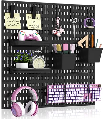 AKTOP Peg Board Wall Organizer 4-Pack – 12"x12" Black Pegboard Combination Kit with 13 Accessories for Wall, Plastic Peg Board Panels for Home, Office, Garage Tool Storage & Craft Room - color: 12inch Pegboard Kit-Black