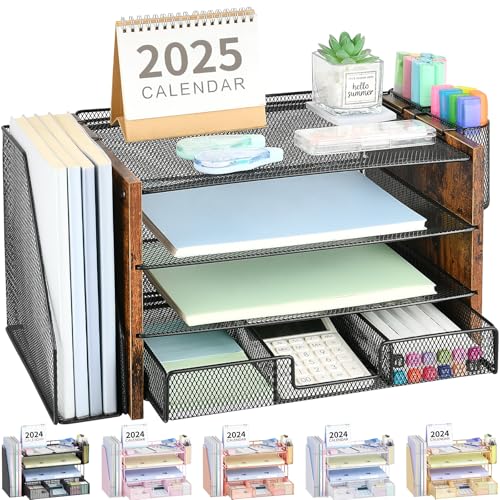 OPNICE Desk Organizer, 4-Tier Desktop File Organizer with Drawer and Pen Holders, Office Desk Accessories, File Sorters, Workspace Organizers for Office Supplies(Brown Wood) - color: Brown Wood, size: 4-tier