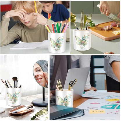 Cute Pen Holder for Desk, Ceramic Durable Pencil Cup, Simple&Modern Style Makeup Organizer, Multifunctional Office Supplies for Home, Kids and School, Butterfly Pattern - color: Butterfly Pattern