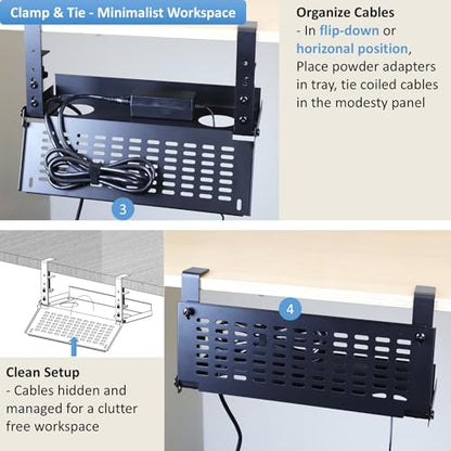AEONS Universal Under Desk Cable Management Tray-Clamp Mount Hinged Swing Modesty Panel Organizer for Office Desks, Easy Access Flip-Down Position Power Strip Cord Storage No-Drill, 25 lb Capacity - style: 16" Swing, Black