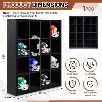 Colingmill 1 Pack Mini Helmet Display Case Pocket Size Football Helmets Wooden Stand Display Cabinet Wall Racks, 11.54"x10.35"x2.4", 4x4 Grid, Black, No Door No Cover(Black) - color: Black