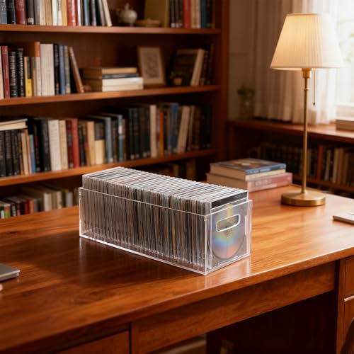 2 Pack DVD/CD Storage Box Acrylic Clear DVD Holder Case with Handles Stackable Storage Container Shelf Organizer Bin for CDs Video Games Cases Blu-Rays Books Booklets Countertop Cabinet Home Office