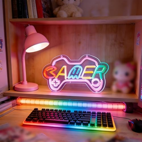 Gamer Neon Sign for girl room decor, 15 * 9 inch Pink Gaming led lights with USB Power and Dimmer Switch for game room decor,adult and Kids - style: pink-gamer