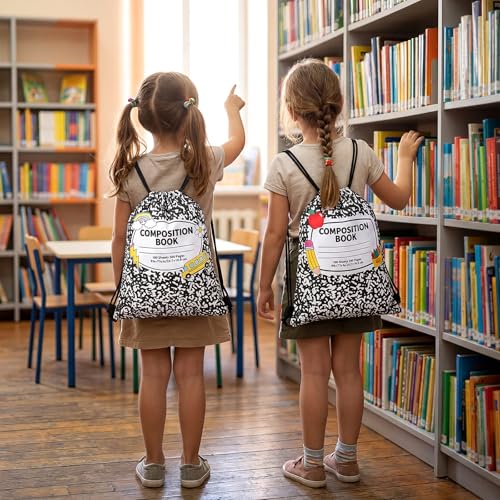 Yiyiring 16 Pcs Teacher Appreciation Drawstring Gift Bags, 12 x 10'' Composition Book Bag with 4 School Themed Designs Apples Pencils Gift Bags for Teacher End of Year Graduation Party (Composition) - style: Composition