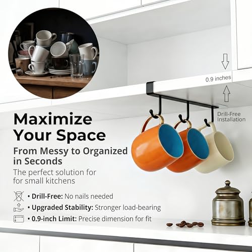 Black Clip-On Under Cabinet Mug Holder with 3 Storage Hooks | Fits boards ≤0.9", rustproof, holds mugs, utensils, scarves for kitchen RV storage - color: Black