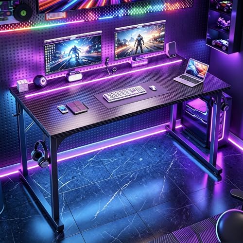 DurayLoly 48" Gaming Desk with Waterproof LED Lights, Carbon Fiber Desktop for Small Spaces | Home Office Study Computer Desk with Storage Bag & Headphone Hook, Black - color: Black, size: 48 Inch