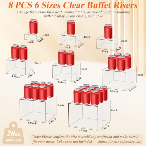 8 Pcs Clear Acrylic Buffet Risers with Mini Sign and Maker,Buffet Risers and Stands Clear Food Display Risers for Buffet Table Party Catering Dessert Cupcake Collectibles (8" 7" 6" 5" 5" 4" 4" 3") - color: 8" 7" 6" 5" 5" 4" 4" 3"