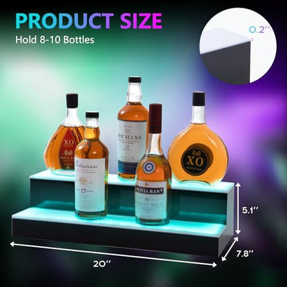 Led Lighted Liquor Bottle Display Shelf, 20 Inch 2 Tier Whiskey Rack, Support USB, Bar Stand with RF Remote & App Control, Illuminated Acrylic Lighting Shelves for Home Bar, Party - size: 20" 2 step