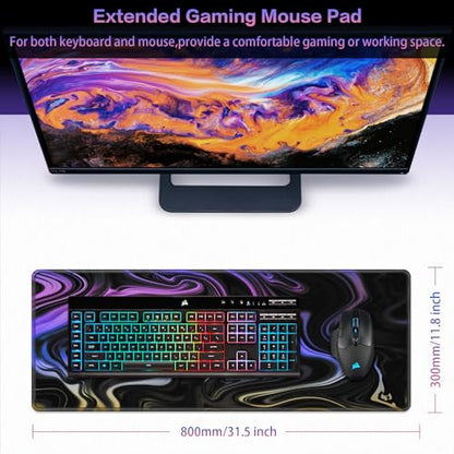 Canjoy Gaming Mouse Pad, Fluid Pattern Mouse Pad 31.5x11.8inch Large Extended Computer Mouse Mat Keyboard Full Desk Mousepad for Gaming, Office, Home - color: Blue-purple Fluid, size: 800*300mm
