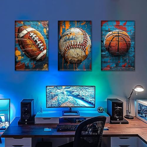 3Pcs Graffiti Sport Canvas Wall Art Trendy Cool Pop Wall Decor Colorful American Football Baseball Basketball Posters Pictures Inspirational Painting Inspirational Boy Room Prints Framed - size: 16"Lx24"W