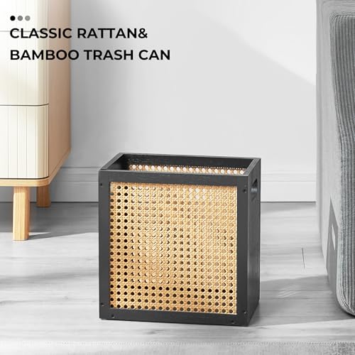 TIOPGHAD 3-Gallon Small Rattan Wicker Waste Basket Trash Can, Black & Oak | Bamboo Frame with Handles, 11.8x6.7x11.8 inches, Waterproof Coating, Ideal for Bathroom, Office and Bedroom - color: Black&Oak