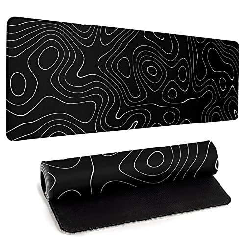 Large Topographic Map Gaming Mouse Pad for Desk Black Desk Pad with Non-Slip Rubber Base Stitched Edge Desk Organizers and Accessories Desk Decor - color: Topographic Map Black