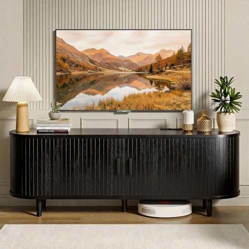 MXV 58" Mid-Century Modern TV Stand with Sliding Doors, TV Consoles with Power Outlet, Fluted Entertainment Center with Adjustable Shelves, for Living Room - color: Black, size: 58in