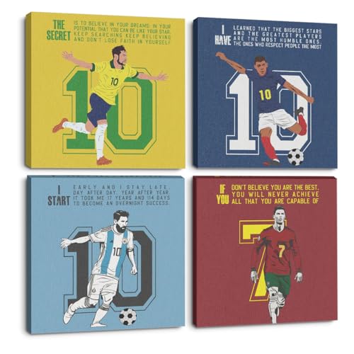 4PC Canvas Wall Art Framed Art Famous Soccer Superstar Room Decor Inspirational Sports Paintings Soccer Gifts Wall Decor Prints Picture for Boys Room Sports Club Gym Bedroom Home Decor 7.9x7.9 inch - color: Multi 1070