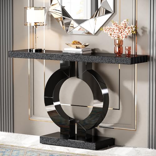 Tribesigns 43” Modern Console Table with O-Shaped Base, Entryway Sofa Table with Mirror Finish for Living Room, Hallway, Entrance (Black) - color: Black