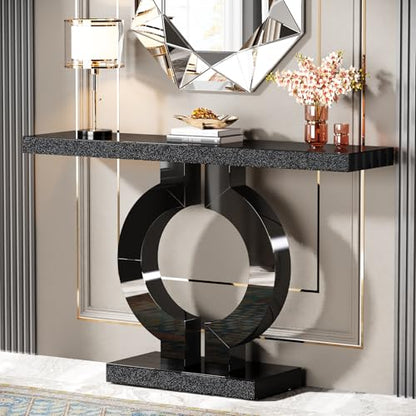 Tribesigns 43” Modern Console Table with O-Shaped Base, Entryway Sofa Table with Mirror Finish for Living Room, Hallway, Entrance (Black) - color: Black