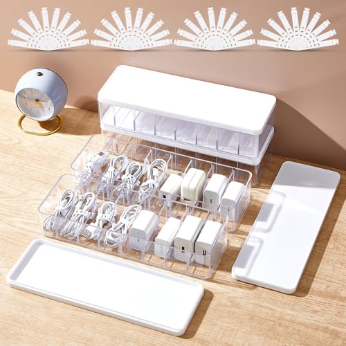 Tatuo 4 Pcs Cable Organizer Box with Wire Ties, Plastic Cord Storage Box with Lid, Electronics Organizer for Home Office Desk Organizers and Accessories (Clear,White) - color: Clear, White