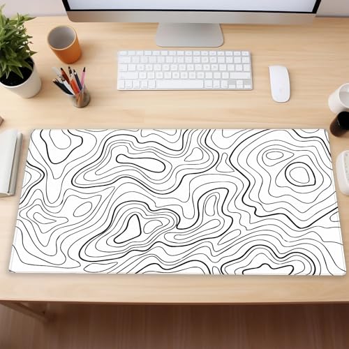 Topographic Desk Mat XL, White and Black Gaming Mouse Pad, Stitched Edges | Minimalist XL desk pad with an abstract black and white topographic print and premium anti-slip rubber backing. - color: White Topographic