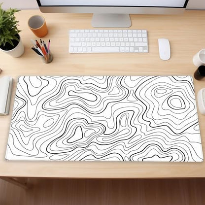 Topographic Desk Mat XL, White and Black Gaming Mouse Pad, Stitched Edges | Minimalist XL desk pad with an abstract black and white topographic print and premium anti-slip rubber backing. - color: White Topographic