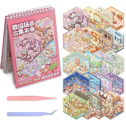 3D Sticker Scenes Book for Adults, 20 Sets DIY Sticker Scene Book Miniature House Shop Craft, Scene Stickers Creative Therapy Activity for Stress Relief