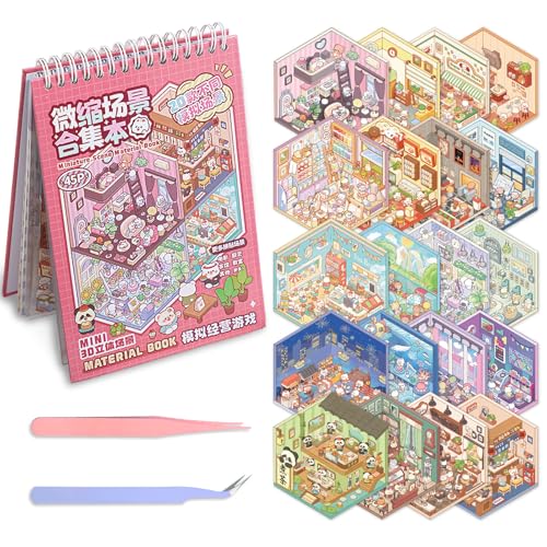 3D Sticker Scenes Book for Adults, 20 Sets DIY Sticker Scene Book Miniature House Shop Craft, Scene Stickers Creative Therapy Activity for Stress Relief