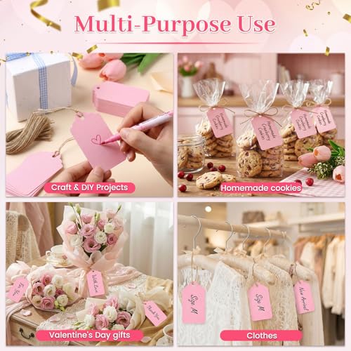 SallyFashion 120PCS Gift Tags with String 1.6 x 2.8 inch Pink Paper Hang Tags for Party Favors Baby Shower Wedding Crafts Decoration (Pink) - color: Pink