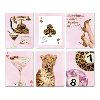 Isfvqyub Preppy Cheetah Leopard Wall Art, Aesthetic Lucky 8 Ball Stockholm Poster For Girl Boy, Trendy Pink Poker Wall Decor For Bedroom Dorm College Apartment Office, Set Of 6 -A05 - size: Lucky 8 Ball