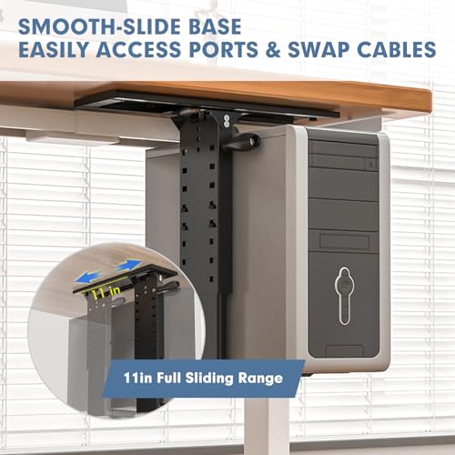 Under Desk PC Mount with Sliding Rail, 55 lbs Load Capacity, Height and Width Adjustable CPU Holder with 360° Swivel, Computer Case CPU Machine Holder Stand with Swivel and Secure Locking