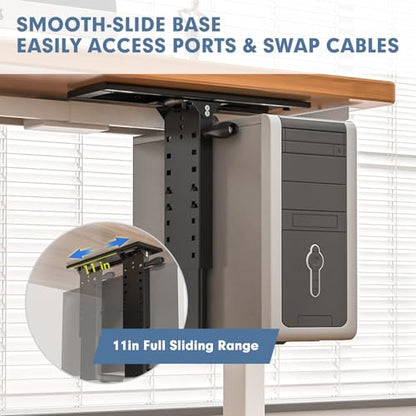 Under Desk PC Mount with Sliding Rail, 55 lbs Load Capacity, Height and Width Adjustable CPU Holder with 360° Swivel, Computer Case CPU Machine Holder Stand with Swivel and Secure Locking