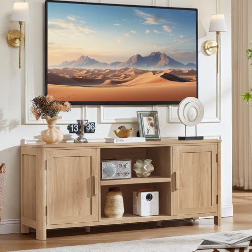 Joaxswe Farmhouse 55" Entertainment Center, Natural Oak Tv Stand with Adjustable Shelves & 2 Door Storage,Wood Media Console Cabinet for TVs Up to 65 inches, Rustic Tv Stands for Living Room,Bedroom - color: Natural