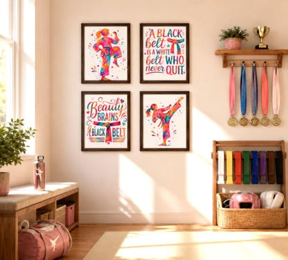 Inspirational Watercolor Karate Girl Athlete with Empowering Motivational Quote Art Print Set for Girl's Bedroom Empowerment, Playroom Energy Boost, Locker Team Spirit, Young Karateka Surprises, Aspiring Black Belt Tokens, Team Captain Honors, Coach Gifts