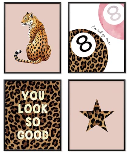 Locomiss Preppy Trendy Leopard Wall Art Posters, Cheetah Print Wall Decor, Retro Funky Leopard Lucky 8 Ball Star Posters for Home Girls College Dorm Bedroom Decor, Set of 4(8x10 Unframed) - color: pink