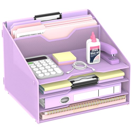 Desk File Organizer, 4 Letter Trays and 2 Upright Sections, Purple | Paper organizer for desk with tiered letter trays and upright file sections for home office, school and workspace use - color: Purple