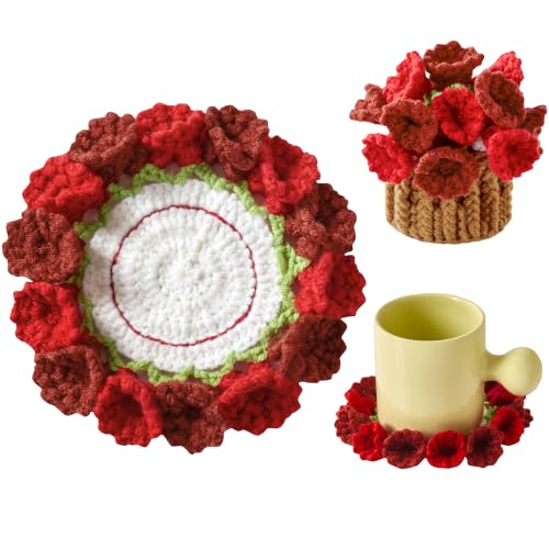 Flower Crochet Coasters, Handmade Bouquet Blanket Coaster with Crochet Plant Pot Fun Soft Decorative Drink Coasters for Coffee Tabletop Protection and Home Decor (Wine Red, 1Pc) - color: Wine Red, size: 1Pc